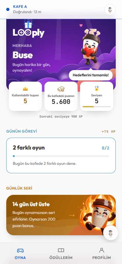 Oyuncunun menüsü — puanı, günün görevi ve kuponları